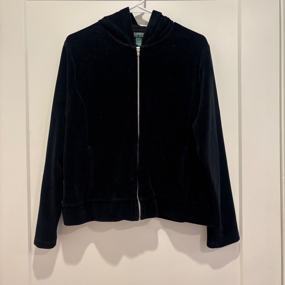 Lauren Ralph Lauren Black Velour Full Zip Hoodie Sweatshirt Womens Large L
